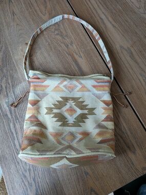 Tribal Geometric Brown/Tan/Green Print Fabric Shoulder Bag Purse Zip Closure